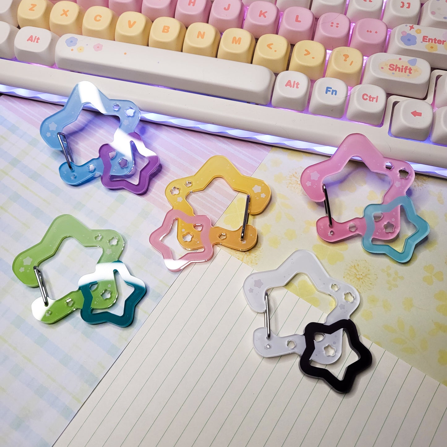 Star Shapes Acrylic Carabiner Clip | Keys Bag Charm Holder Pink Blue Green White Purple Yellow