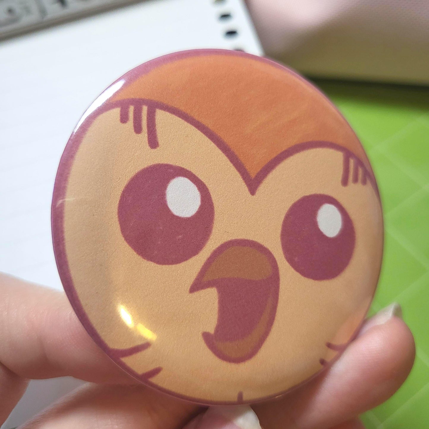 Hooting owl cartoon button || 2.25" pinback button badge