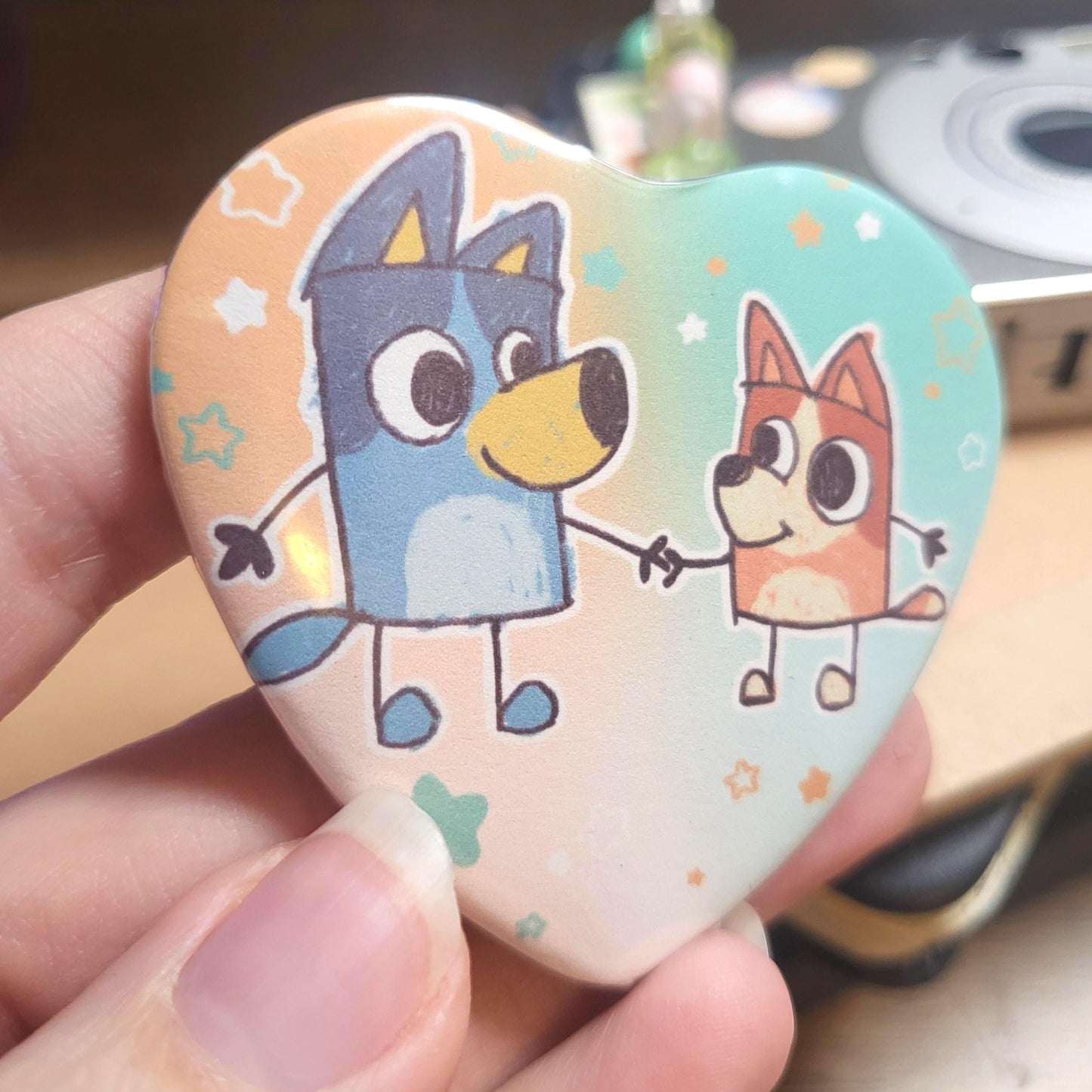 Doodle Blue Heeler sisters heart button || 2.25" pinback button badge