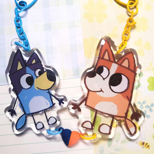 Doodle Blue Heeler sisters family cartoon keychains || 2.5" acrylic linked heart magnet keychains
